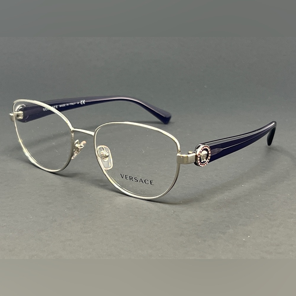 Versace Women's Eyeglasses VE1246B 1000 Silver Purple 54mm Designer Metal Frame